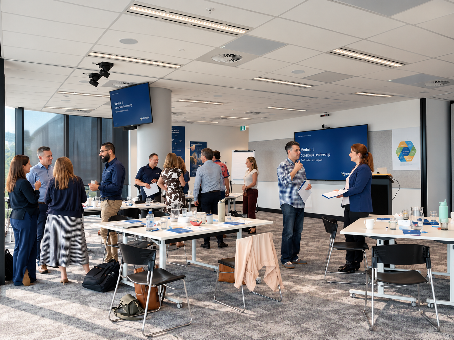 Leaders talking in small groups during a LeadChange workshop break
