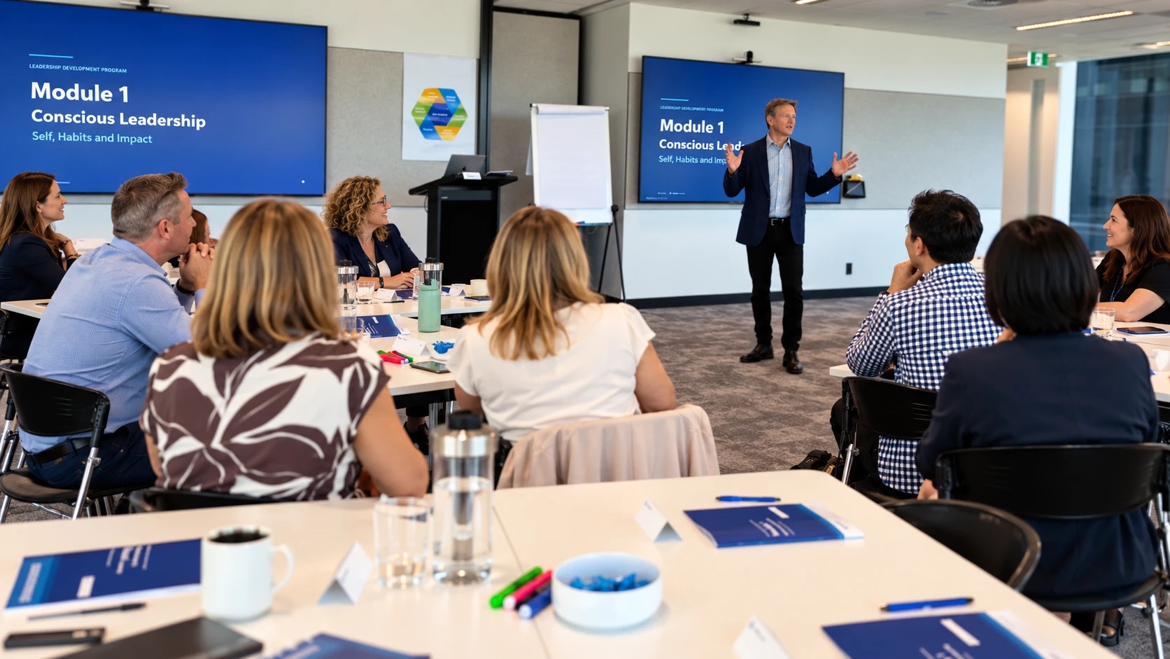 Leaders around workshop tables listening to Martin Green present a Conscious Leadership session